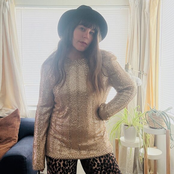 Vintage 80s Femina Gold Heavily Sequined Beaded Long Sleeve Top | Size S/M - Picture 1 of 13